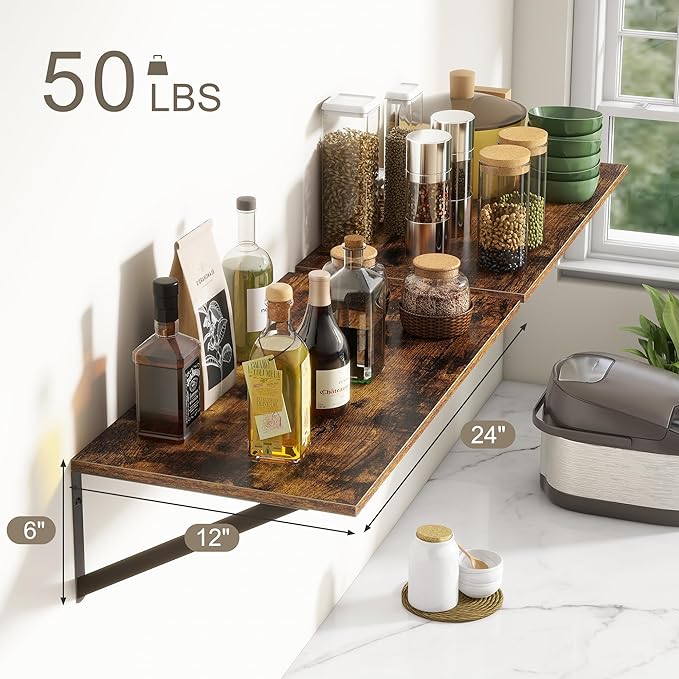 Deep Floating Shelves, 12 Inch Deep Floating Shelves for Wall, 24"W x 12"D Wall Shelves for Books, Large Rustic Wooden Shelf, Wide Display Shelf for Bathroom, Living Room, Rustic Brown, Set of 2