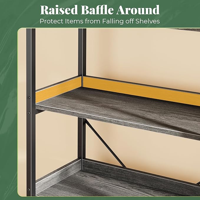 Huuger 5 Tier Bookshelf, Display Bookshelf with 10 Open Shelves and Raised Baffle, 47.2 Inch Straight Wide Bookcase with Metal Frame and Wooden Board, Adjustable Feet, Grey