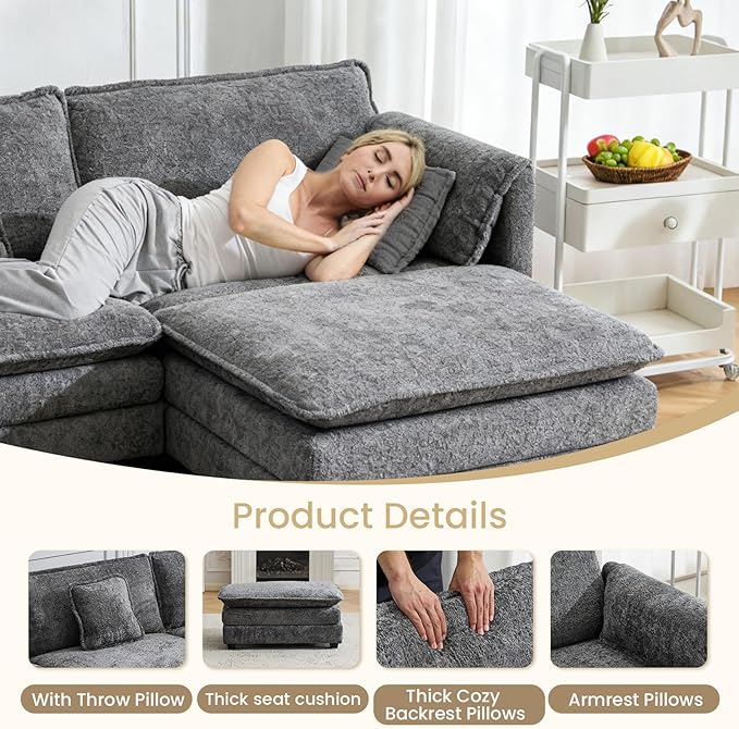 147.8" U Shaped Modular Sectional Sofa, Comfy Cloud Couch with Movable Ottoman, Deep Seat Modular Sofa, Sectional Couches for Living Room, Bedroom, Apartment (Grey)