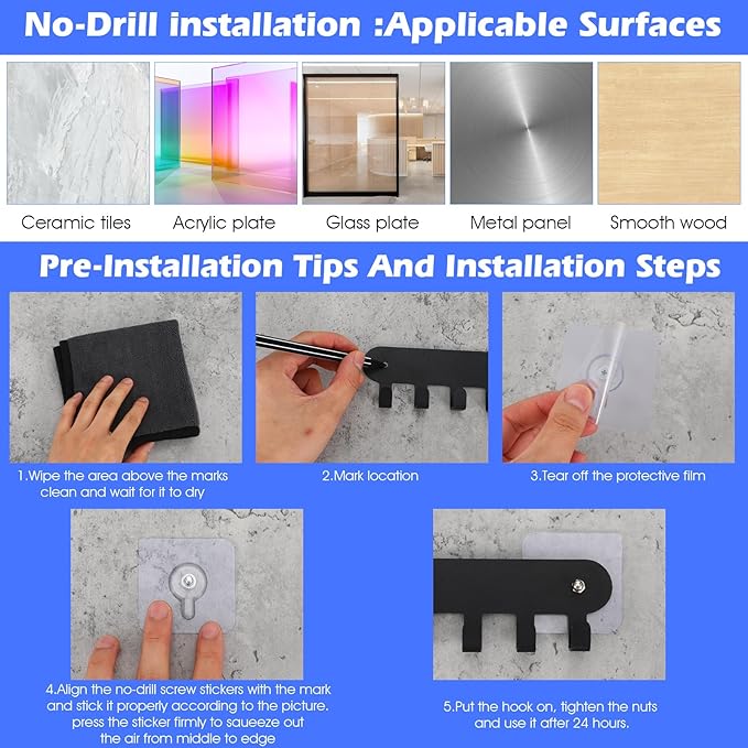 2 Pack Key Holder Wall Mount Adhesive, 10 Hooks for Keys on Wall, No Drill Keys Rack, Black Iron Key Hangers for Living Room, Kitchen, Bathroom, Garage (11.6 x 1.96 Inches)