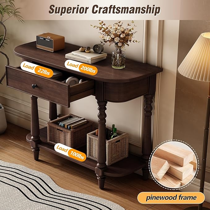 HMFULE Retro Curved Console Table, 36" Solid Wood Half Moon Console Table Sofa Table Entryway Table with 1 Drawer 1 Open Shelf Roman Legs Curved Corners for Living Room,Entryway,Hallway,Espresso