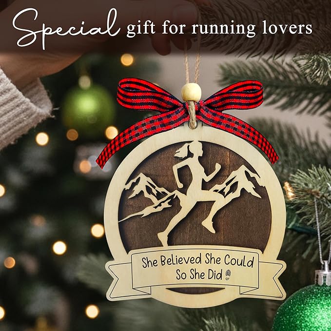 Running Christmas Ornament 2025-2 Layer Wooden Running Ornaments for Christmas Tree - Runner Ornament 2025 - Gifts for Runners, Cross Country Athlete - Marathon Runners Wooden Xmas Tree Hanging Decor