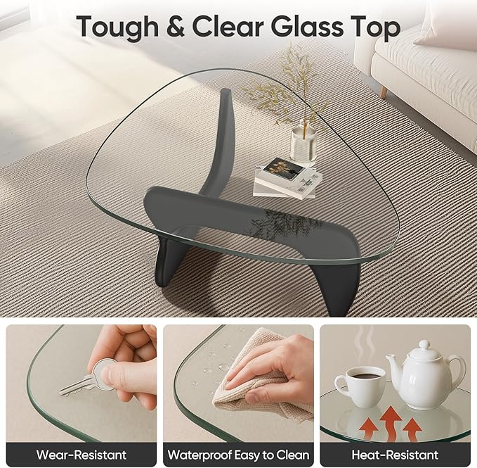 Triangle Glass Coffee Table with Solid Wood Base, 0.8'' Thick Clear Glass Top, 51'' Width Mid Century Modern Coffee Table for Living Room Bedroom Reception (Black)