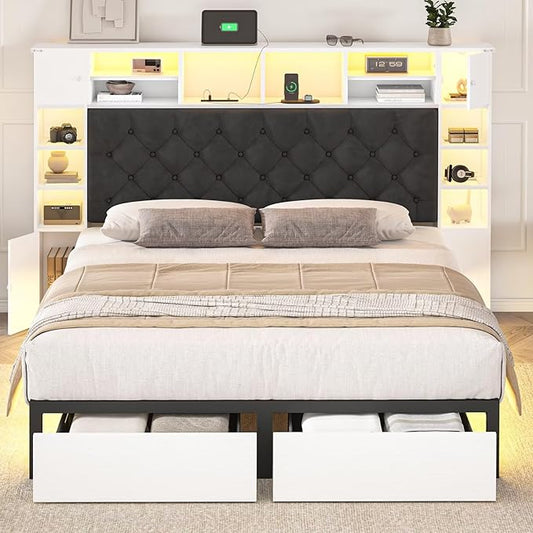 Full Size Bed Frame with Bookcase Headboard and Storage Drawers, 51.2" Metal Platform Full Bed Frame with Charging Station and LED Lights, Velvet Upholstered Tufted Bed Frames, White