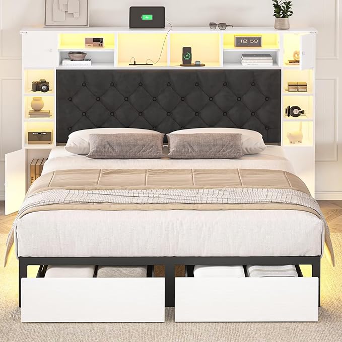 Queen Bed Frame with Bookcase Headboard and Storage Drawers, 51.2" Metal Platform Queen Size Bed Frame with Charging Station and LED Lights, Velvet Upholstered Tufted Bed Frames, White