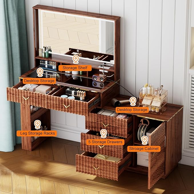 57“Makeup Vanity Desk with Mirror and Lights, Vanity Desk with 5 Drawers & Storage Shelves, Vanity Table with Power Outlet, 3 Color Modes & Adjustable Brightness Dressing Table, Bedroom,Brown