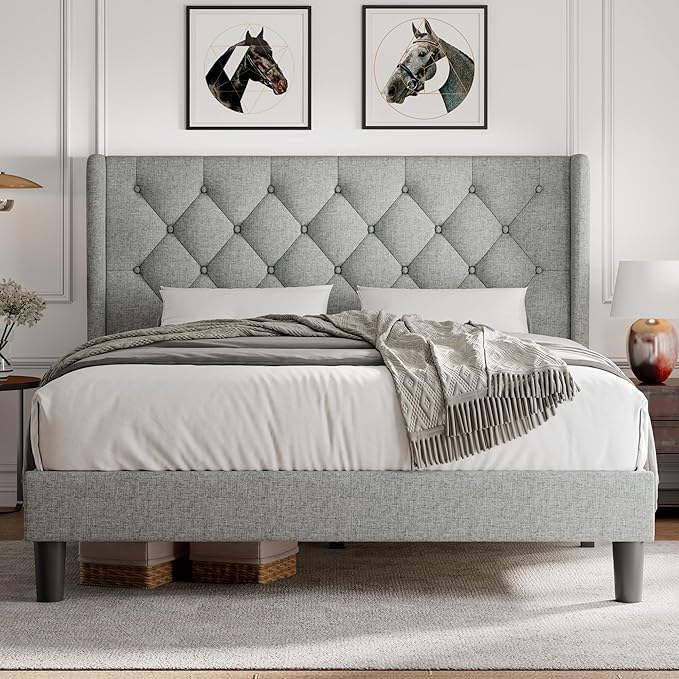 iPormis Full Size Platform Bed Frame with Button Tufted Headboard, Upholstered Bed Frame with Solid Wooden Slats, 8" Underbed Space, No Box Spring Needed, Noise Free, Easy Assembly, Light Gray