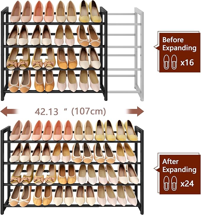 FAVOOSTY 4-Tier Expandable Shoe Rack, Adjustable Shoe Shelf Storage Organizer Space Saving Metal Free Standing Shoe Rack for Entryway Closet Doorway, Black