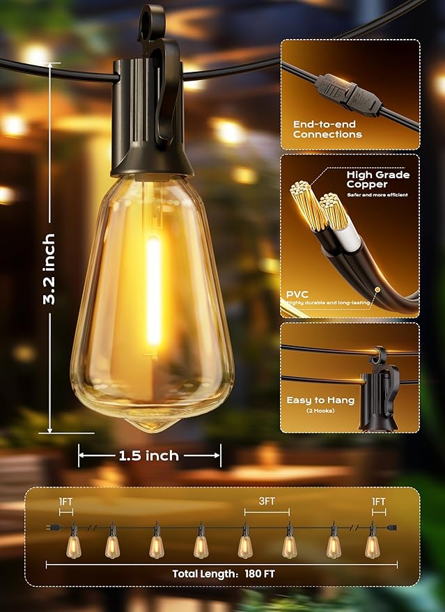 Brightown Outdoor String Lights, 180FT 60+2 LED ST38 LED Patio Lights Shatterproof, Dimmable IP65 Waterproof Connectable Hanging Outdoor Light for Backyard, Porch, Deck, Balcony