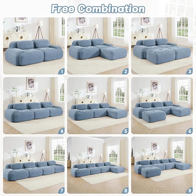 116" Modern Compressed Boneless Couch with Ottoman, 3 Seater Large U Shaped Sectional Couches for Living Room, Blue Corduroy Cloud Modular Sectional Sofa, Memory Foam, Extra Deep, No Assembly