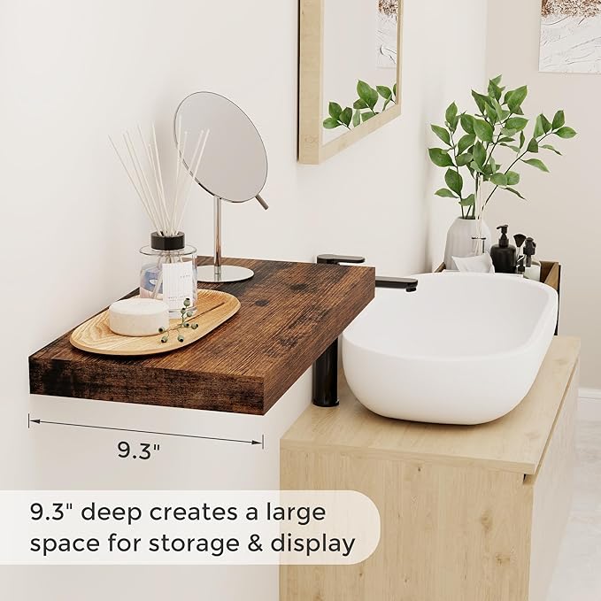 Floating Shelves 16 Inch Long, Wall-Mounted Bathroom Shelves Set of 2, 9.3 Inch Deep Shelf for Home Storage & Display, Wooden Deep Wall Shelves for Bedroom, Living Room, Kitchen, Rustic Brown