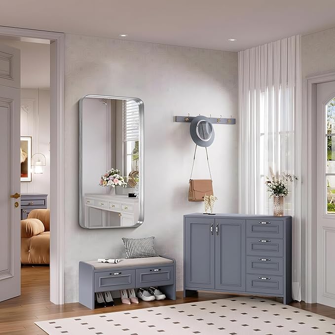 FORBATH 24x48 Inch Bathroom Mirror, Brushed Silver Deep Frame Narrow Full Length Wall Mirror with Rounded Corners, Anti-Rust Tempered Glass for Modern Farmhouse Vanity (Horizontal/Vertical)