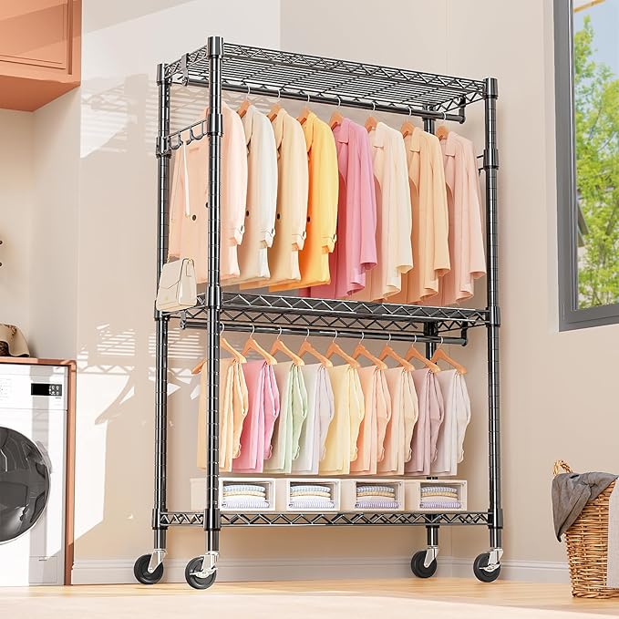 Heavy Duty Rolling Garment Rack 3 Tiers Adjustable Wire Shelving Clothes Rack with 2 Rods and Side Hooks, Storage Closet Clothing Rack with Wheels Black 17.7" D x 47.2" W x 83.6" H