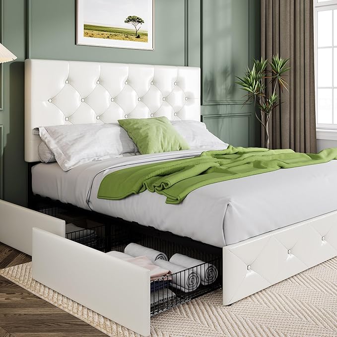 Allewie Upholstered Queen Size Platform Bed Frame with 4 Storage Drawers and Headboard, Diamond Stitched Button Tufted, Mattress Foundation with Wooden Slats Support, No Box Spring Needed, White