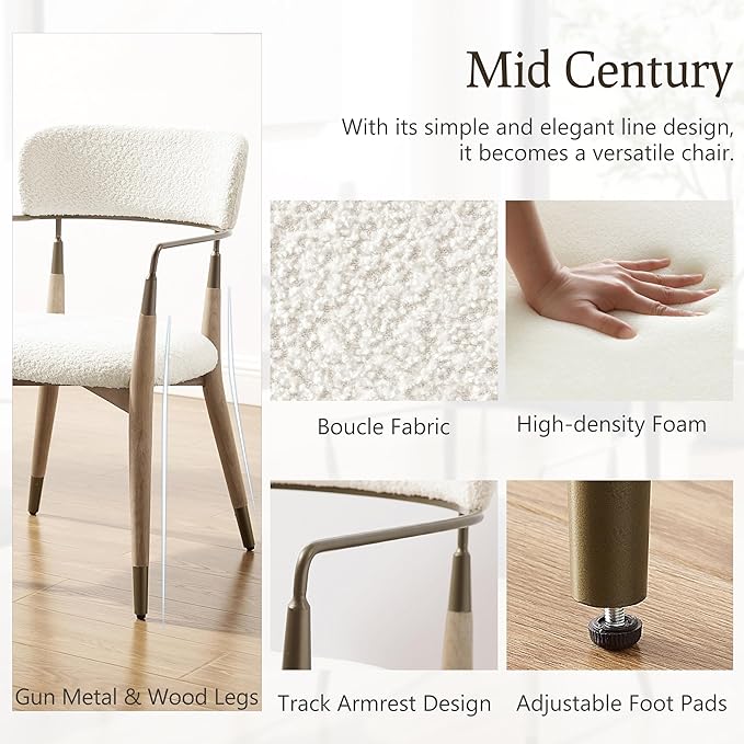 Art Leon Mid Century Modern Dining Chairs - Boucle Fabric Upholstered Dining Room Chairs with Wood Legs, Accent Arm Chair with Open Backrest, Set of 2, White