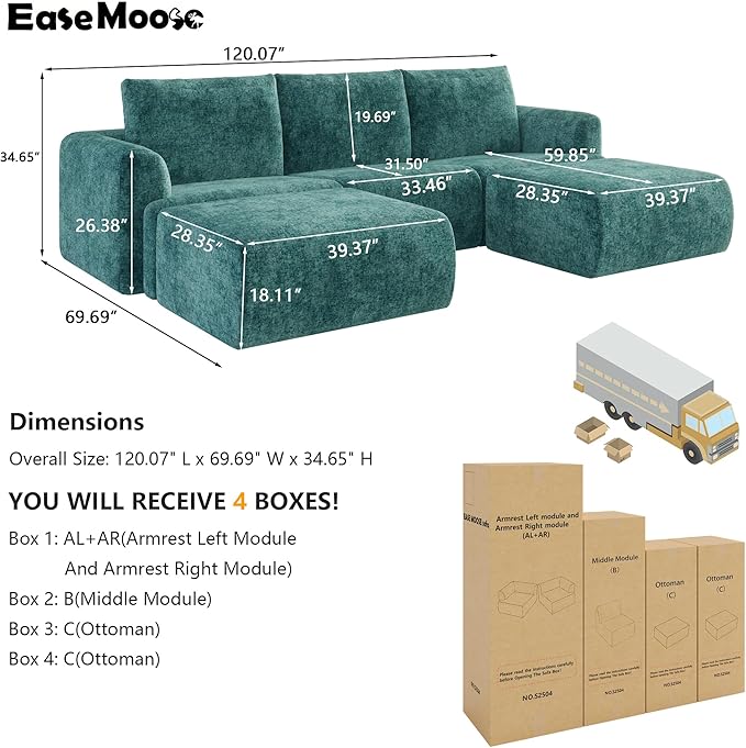 EASE MOOSE Cloud Couch Sectional Sofa, Large U-Shaped Oversized Modular Couch for Living Room, Minimalist Boneless Convertible Couches with Ottoman, 5-Seat Deep Sofas for Bedroom, Chenille (Blue)
