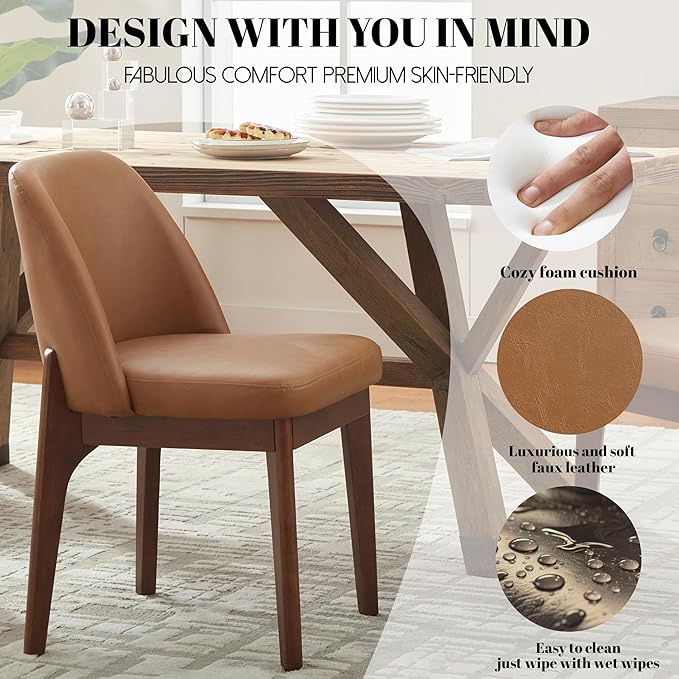 VKNOW Modern Dining Chairs Set of 2, Faux Leather Kitchen Chairs with Wood Legs, Upholstered Side Chair for Kitchen Dining Room, Brown