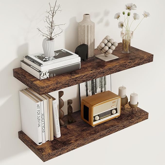 Floating Shelves for Wall, 27.5 Inch Bathroom Shelves Set of 2, Rustic Wood Wall Shelf with Invisible Brackets for Books|Storage|Decor, 8 Inch Deep Floating Shelf for Bedroom|Kitchen, Rustic Brown