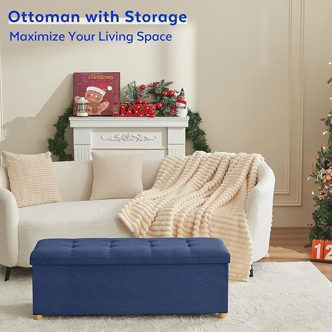 BRIAN & DANY 43 Inches Folding Storage Ottoman Bench, Ottoman with Storage Bench for Bedroom, Living Room, Entryway, Foot Rest with Legs, Blue