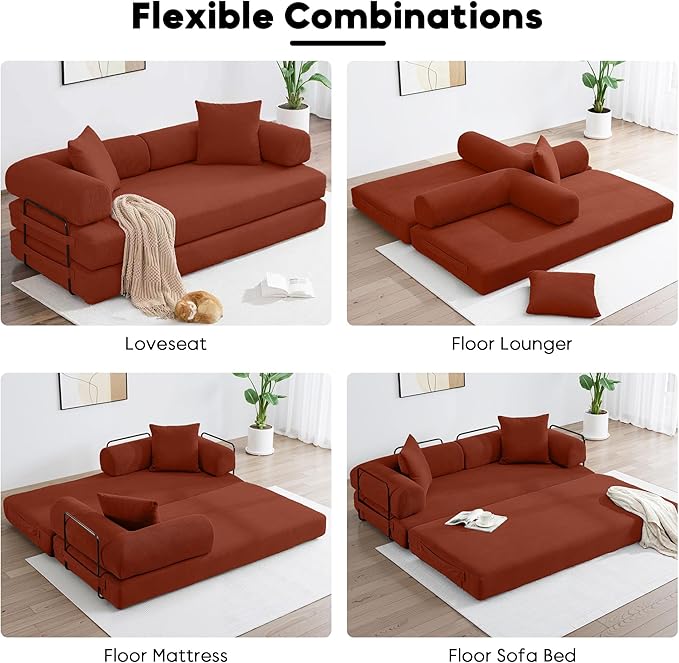 Convertible Sleeper Sofa Bed with Cylindrical Pillow, Corduroy Folding Boneless Couch with Fixed-Shape Frame, Floor Sofa Lounge Couch for Living Room Bedroom Lounge Studio-Ancora Red