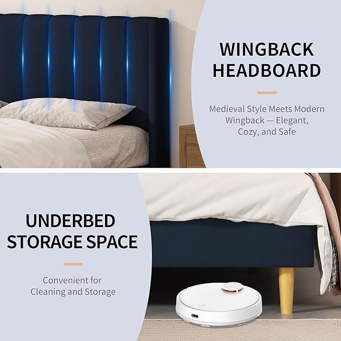 Twin Size Upholstered Platform Bed Frame with Modern Wingback & Vertical Panel Headboard, Linen Fabric, Wooden Legs & Slats Support, No Box Spring Needed, Noise-Free & Easy Assembly, Dark Blue