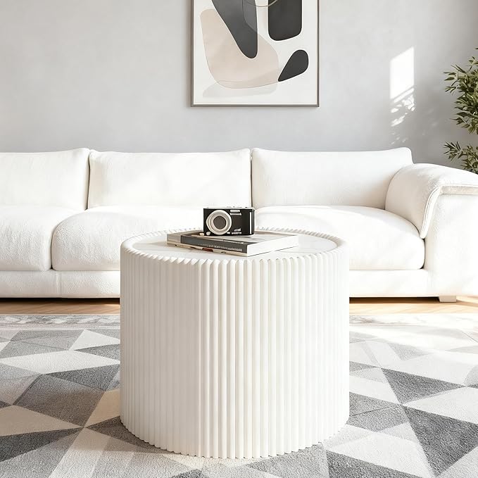 White Round Coffee Table with Sintered Stone Tabletop, 17.71" Drum Coffee Table with Fluted PU Leather Covered and Stable Base, Circle Cocktail Tea Table for Living Room