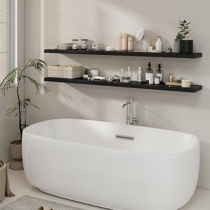 72 Inch Floating Shelves 2 Pack, 8 Inch Deep Floating Shelf Wall Mounted, Large Shelves with Invisible Bracket for Books|Storage, Rustic Wood Wall Shelf for Bedroom, Kitchen, Living Room, Black