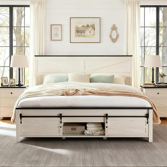 JXQTLINGMU Farmhouse King Size Bed Frame with 47" Tall Headboard, Wood King Bed Frame with Storage Cabinet, Solid Wood Slats Support, Noiseless, No Box Spring Needed (Antique White)