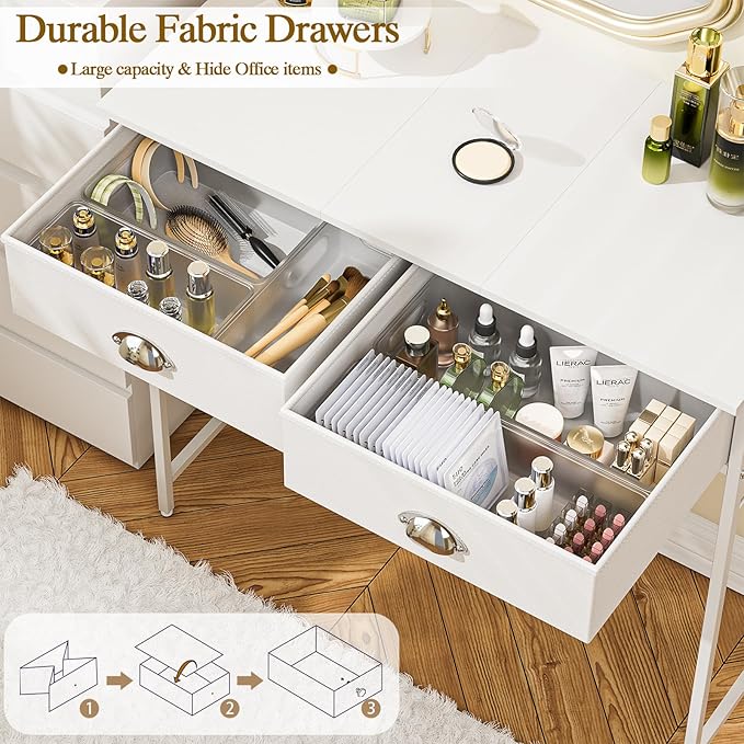 Small Vanity Desk No Mirror for Kids Bedroom, 31.5 Inch Vanity Table with Drawers, Makeup Vanity Desk for Narrow Spaces, White Dreessing Table(No Mirror)
