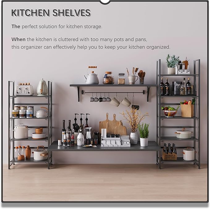 4NM No Assembly Folding Bookshelf Storage Shelves 4 Tiers Vintage Bookcase Standing Racks Study Organizer Home Office (All Black)