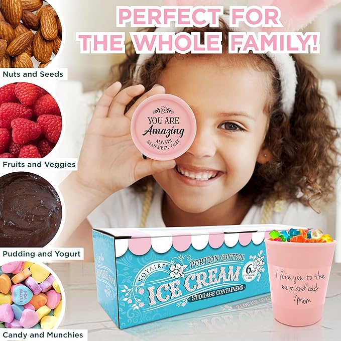 KOYAIRE Portion Control Ice Cream Containers for Homemade Ice Cream (6 oz. Each, 6 Pack), Airtight Food Storage Containers with Lids, Single Serving Mini Freezer Cups for Adults, Snack Size, Small