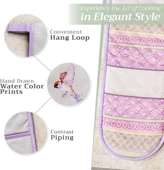 Maison d' Hermine Double Oven Mitts 100% Cotton 7"x35" Double Oven Mitt Heat Resistant BBQ Cooking Gloves with Loop, Baking, Grilling, Home, Kitchen, Handling Hot Pan Spring Summer (Magnolia Mornings)