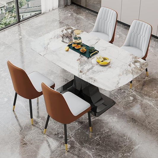 Modern Dining Table Set for 4, Marble Kitchen Table Chair Set for 4, Rectangular Kitchen Table with 4 Pu Leather Upholstered Chair for Dining Room (Brown-C, White Table Set for 4)