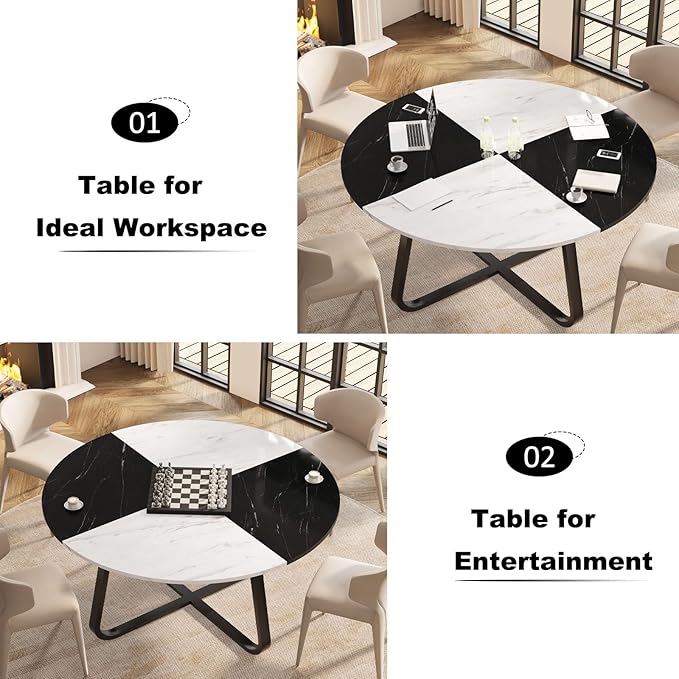LVB Round Marble Dining Table, Modern Wood Metal Kitchen Dining Table, Industrial Small Dinner Room Table for 4 to 6 People for Living Room, Home, Apartment,Black and White Marble, 42 Inch