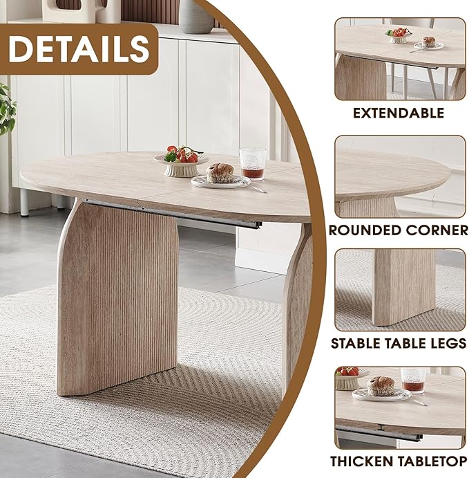 59"-90.5" Extendable Dining Table,Large Wood Dining Room Table with Slatted Pedestal Base,Rustic Oval Dining Table with Dual Pedestal Base(Easy to Assemble)