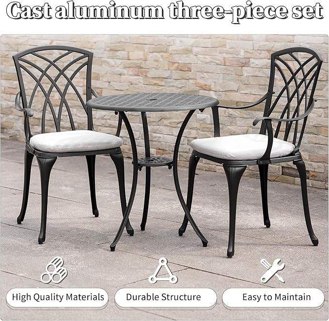 3 Piece Patio Bistro Set with Cushions, Outdoor Bistro Table and Chairs Set of 2 with Umbrella Holes, All Weather Bistro Table Set for Garden Porch Pools