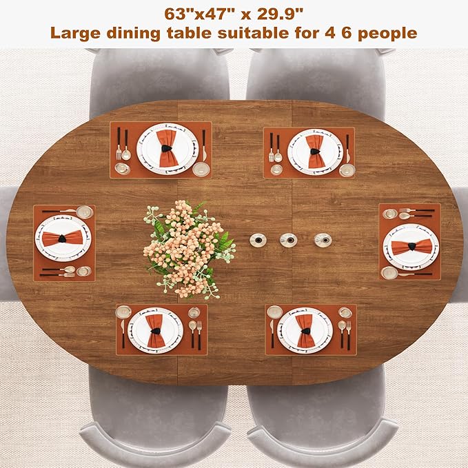 47"-63" Extendable Dining Table for 4 5 6 People,63" Farmhouse Round Extending Dining Table w/Removable Leaves Space Saving,Wooden Adjustable Tables for Kitchen Office Living Room (Brown)