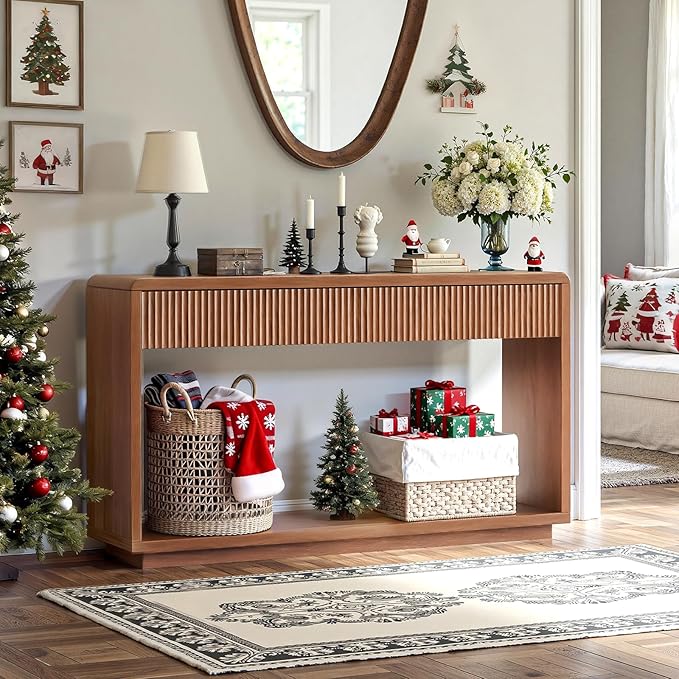 Evermagin 59'' Walnut Entryway Table with Drawers, Fluted Console Table, Mid Century Modern Sofa Table with Storage for Living Room, Entrance, Hallway