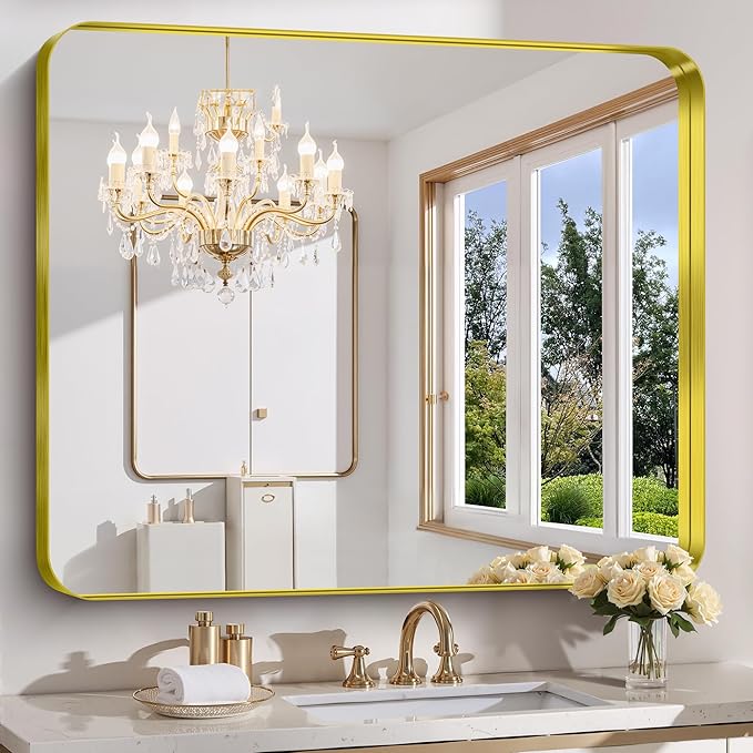 FORBATH 48x40 Inch Bathroom Mirror, Brushed Gold Deep Frame Wall Mirror with Rounded Corners, Anti-Rust Tempered Glass for Modern Farmhouse Vanity (Horizontal/Vertical)