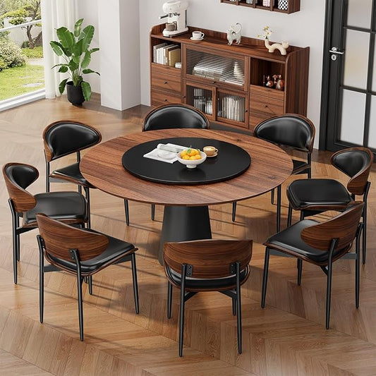 Dining Chairs Set of 8, Mid-Century Modern Upholstered PU Leather Chairs with Walnut Bentwood Back and Metal Legs Adjustable Feet for Kitchen Dining Room, Black PU