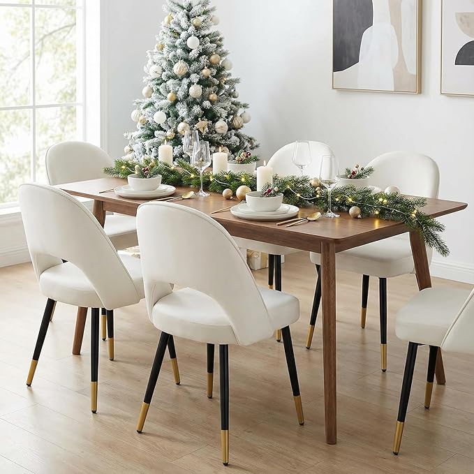 LukeAlon Classic Velvet Dining Chairs Set of 2, Upholstered Open Back Kitchen Chair with Metal Legs Armless Side Chairs Mid Century Dinner Chairs for Dining Room, Beige