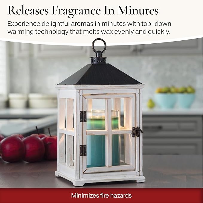 Candle Warmers Etc. White Wooden Farmhouse Candle Warmer Lantern – for Top-Down Warming & Flame-Free Fragrance