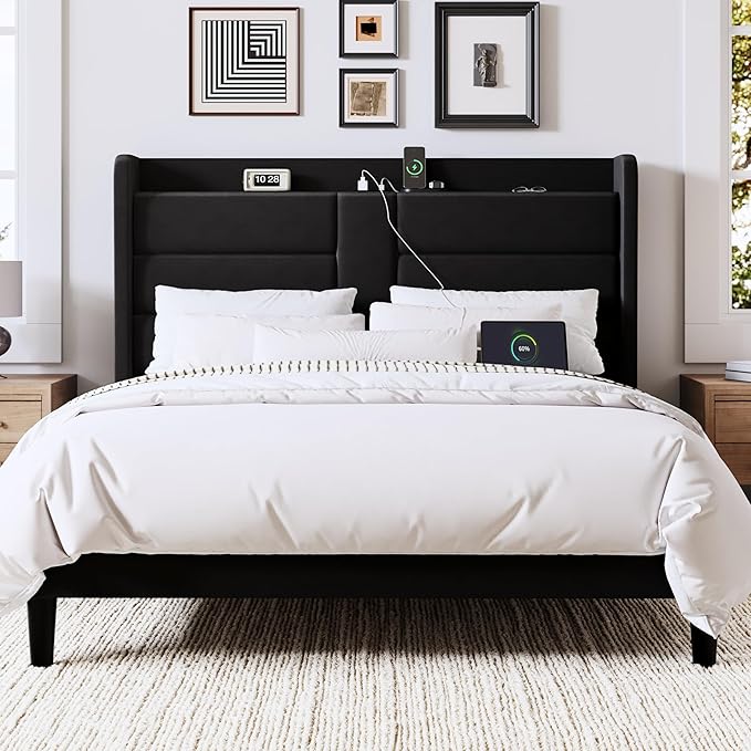 Allewie Queen Size Platform Bed Frame with Charging Station & Storage Headboard, Upholstered Velvet Wingback Design & USB Port, Strong Wooden Slats Support, No Box Spring Needed, Easy Assembly, Black