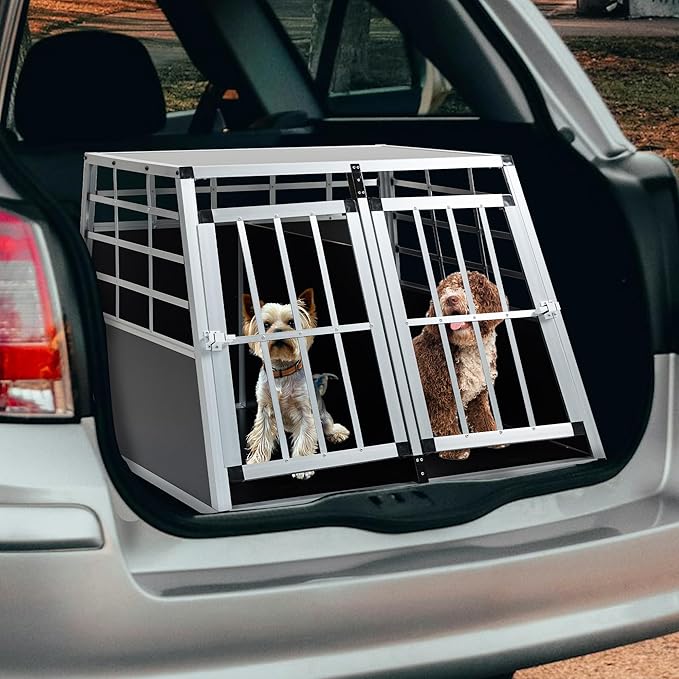 Double Door Travel Dog Cage, Lockable Aluminium Pet Car Transport Crate with Removable Partition, Sturdy Construction for Small Cats and Dogs, Portable Puppy Carrier for Car Use
