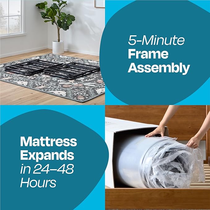 Linenspa 10” Memory Foam and Innerspring Hybrid Mattress + 14” Black Metal Platform Bedframe – Queen Mattress + Metal Folding Queen Bedframe