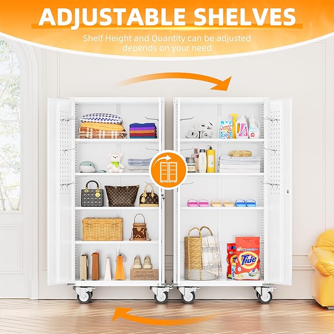 INTERGREAT Rolling Metal Cabinet with Wheels, 75" H Rolling Metal Cabinets with Pegboard, 18" D x 36" W Large Capacity Pulley Cabinet with Adjustable Shelves for Home Office, School, Garage(White)