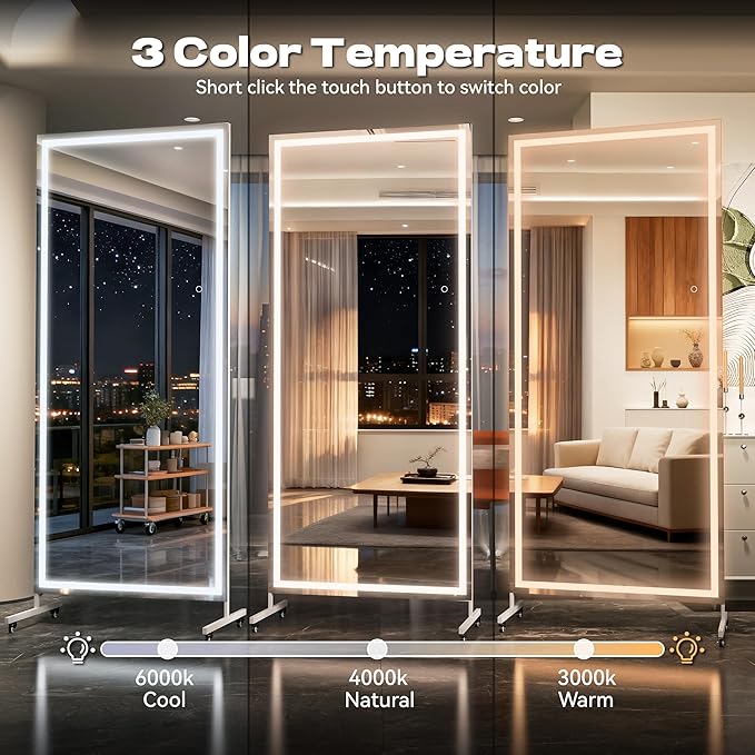 Hasipu Home Gym Mirror with Light 360° Swivel on Wheels, 75" x 32" Extra Large Full Length Rolling LED Mirror for Yoga Studio, Bedroom, Dancing Studio, White