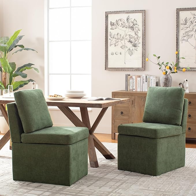 VKNOW Upholstered Dining Chairs, Modern Kitchen Chairs with Storage, Linen Armchair Dining Room Chairs for Kitchen Room (Green, Set of 2)