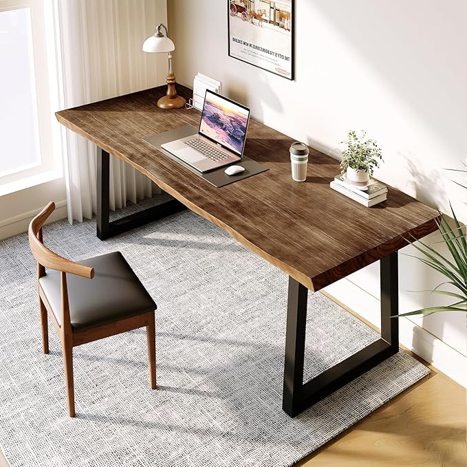 Solid Wood Desk 55 inches, Home Office Computer Desk Wooden Rustic Writing Desk Metal Modern Simple Design Executive Real Wood Desk(Dark Brown)