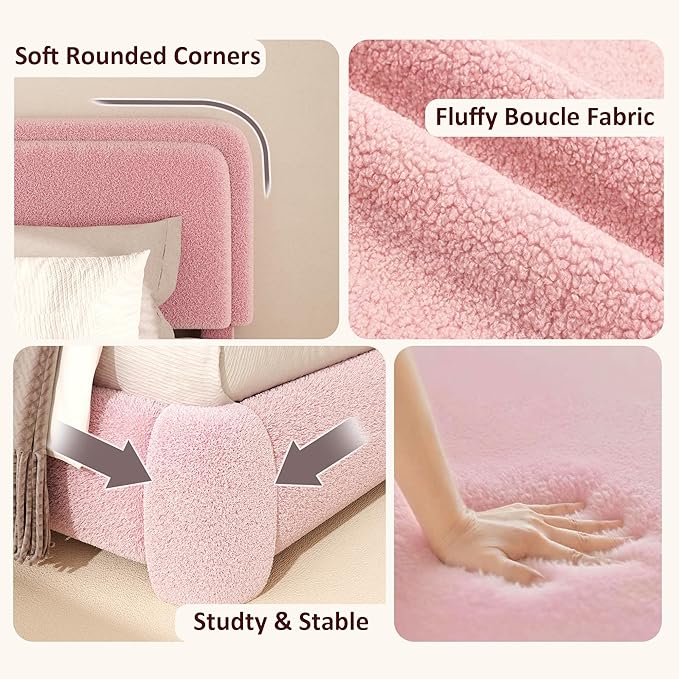 Queen Boucle Platform Bed Frame with Height Adjustable Headboard, Modern Upholstered Cloud Bed, Sleek Curved Design, No Box Spring Needed, Easy Assembly, Noise Free, Pink